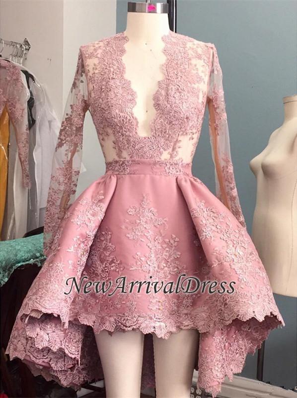 Pink Appliques Elegant Evening  Gowns | Long Sleeve Hi-Lo V-Neck Prom Dresses