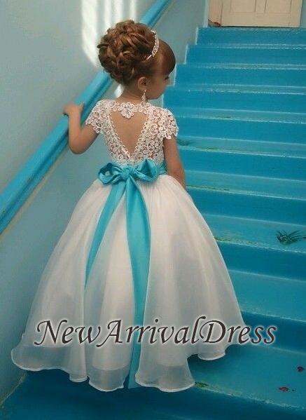 Lace Short-Sleeves Puffy Sash Flower Crystals Girl Dresses