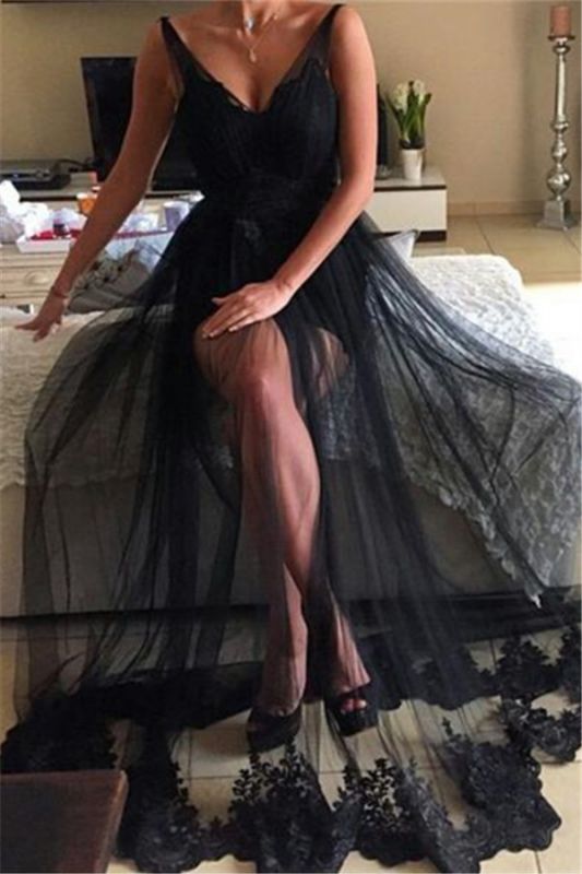 Tulle Long Lace Black Sexy V-Neck Prom Dress | Sheer Prom Dress