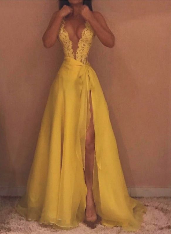 Robes de bal sexy en mousseline de soie col en v | Robe de soirée jaune A-line sans manches