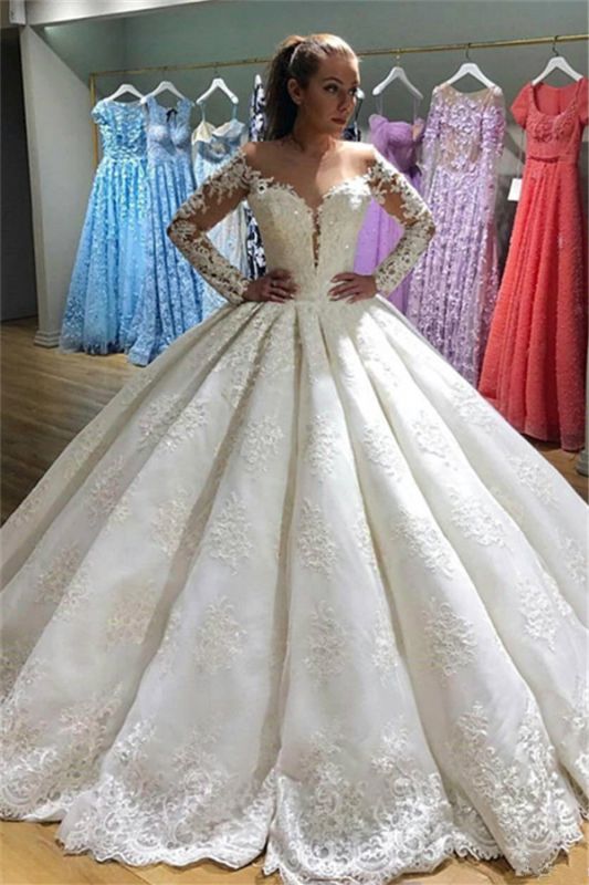 Elegant Long Sleeves Appliques Wedding Dresses | Puffy Sheer Bridal Ball Gown