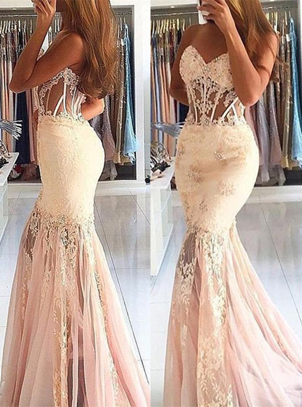 Stunning Sweetheart Lace Long Appliques Mermaid Prom Dress
