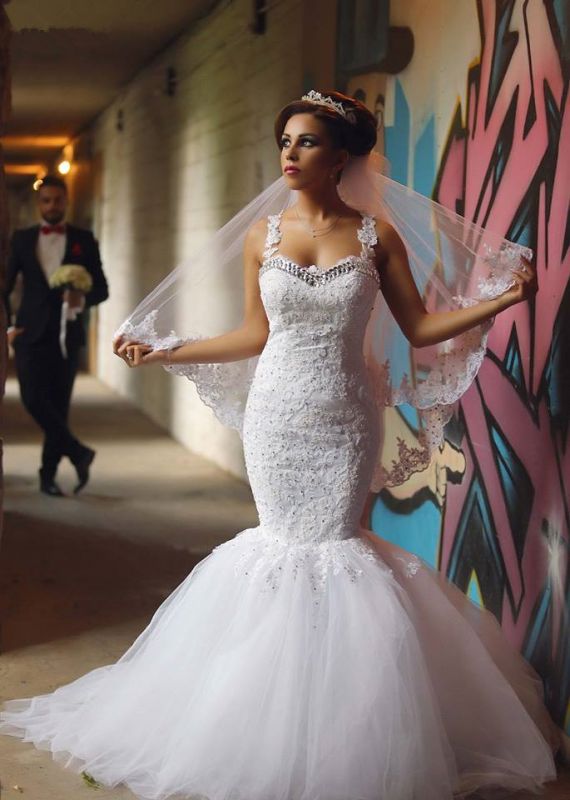 Elegant Lace Beaded  Wedding Dresses Mermaid Illusion Tulle Bridal Gowns WE0010