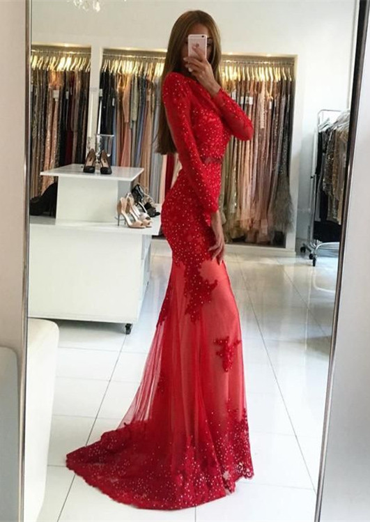 Sexy vestido de noche rojo de manga larga | 2021 apliques vestido de fiesta largo