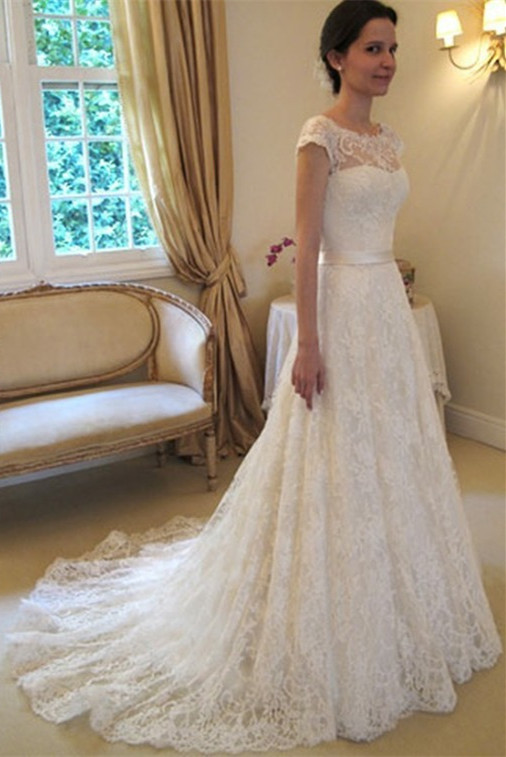 A-Line Short Sleeve Court Train Wedding Dress New Arrival Bowknot Custom Made Bridal Gown