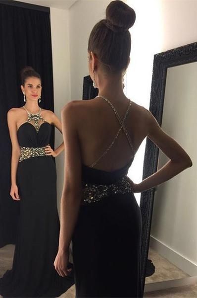 Black Jewel Sleeveless Newest Crystal Prom Dress