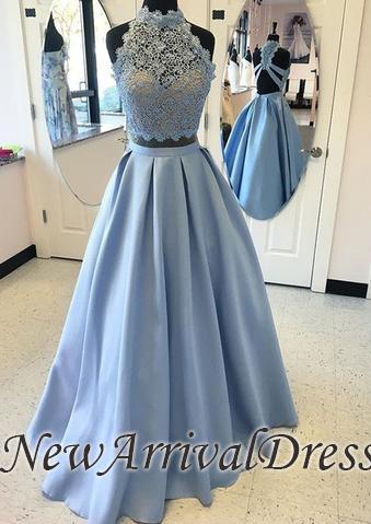 High Neck Two Piece Blue Custom Made A-line Lace Prom Dresses  LPL071