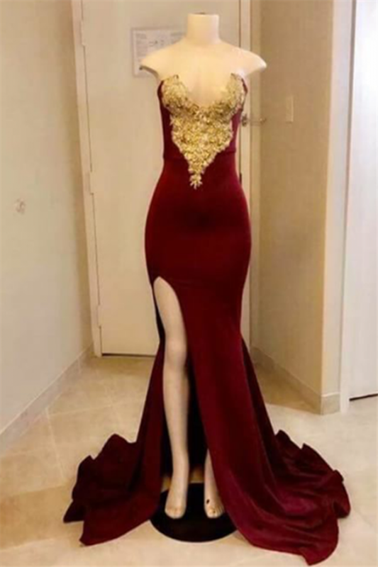 Strapless Mermaid Burgundy Long Prom Dresses  with Slit | Gold Appliques Side Slit Evening Gowns