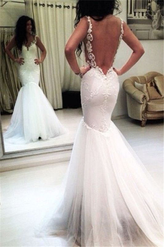 Sleeveless Mermaid Tulle Sexy Appliques Sexy Open Back Wedding Dresses  Online