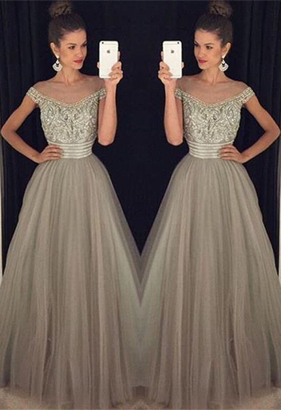 Long Glamorous Beadings A-Line Crystal Tulle Prom Dress