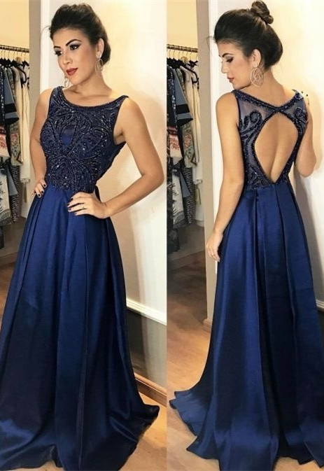 Elegant Sleeveless NavyProm Dress Long Chiffon Party Gowns With Beads