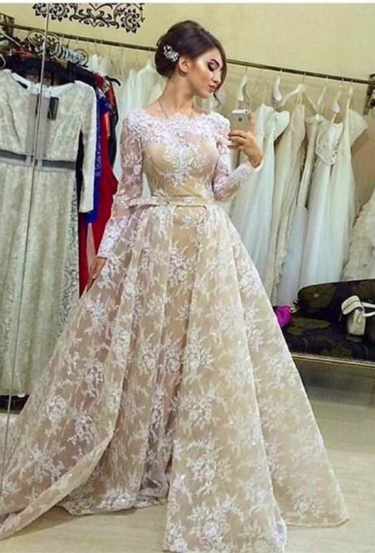 Elegant Long Sleeve Floor-length Lace A-line Scoop Prom Dress