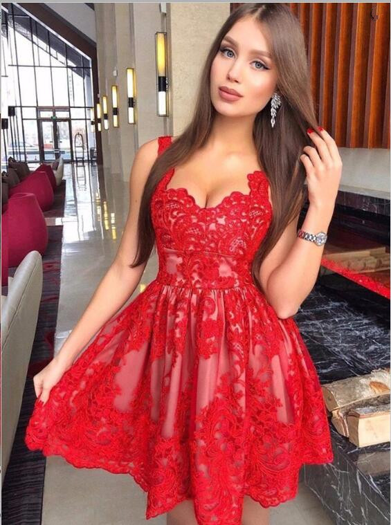 Newest Red Lace Straps Sleeveless Homecoming Dress | Short Party Gown