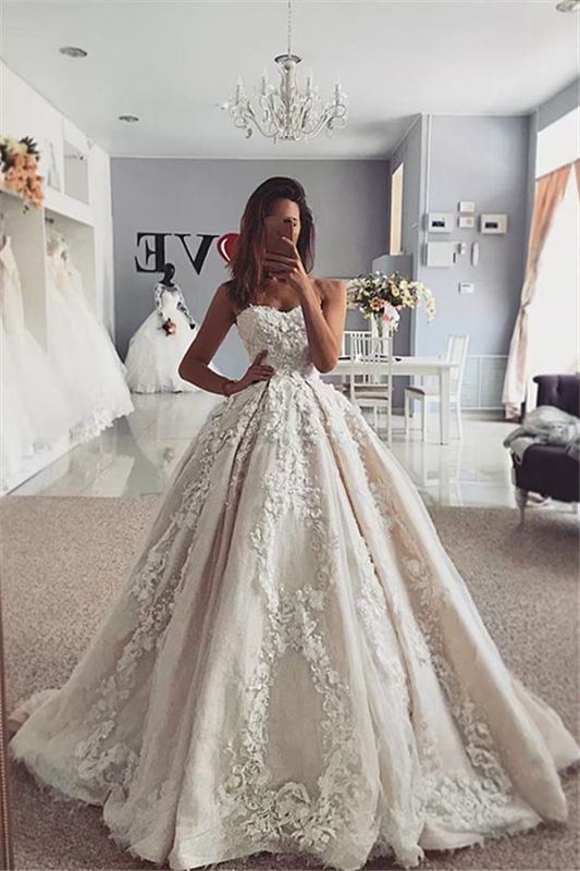 Flowers Strapless Appliques Ball Gown Wedding Dresses | Sexy Sleeveless Bridal Gowns Online with Sweep Train