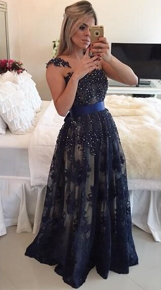 Dark Navy Blue Beaded Long Prom DressesLace Floor Length A-line Evening Gowns