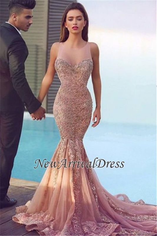 Sheer Sequins Jewel Sleeveless Mermaid Pink Sparkling Gorgeous Evening Dress