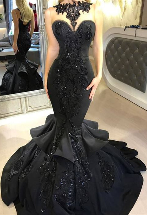 Sexy Black MermaidProm Dress Long Sequins Ruffles Party Gowns BA7654
