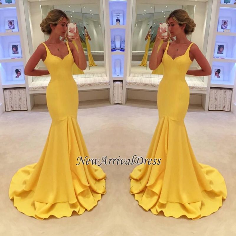 Tiered Mermaid Yellow Spaghetti-Straps Simple Prom Dress