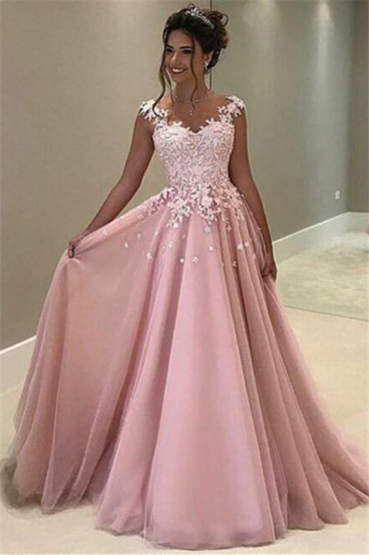 Pink Appliques A-Line Gorgeous Cap-Sleeves V-Neck Lace Prom Dress