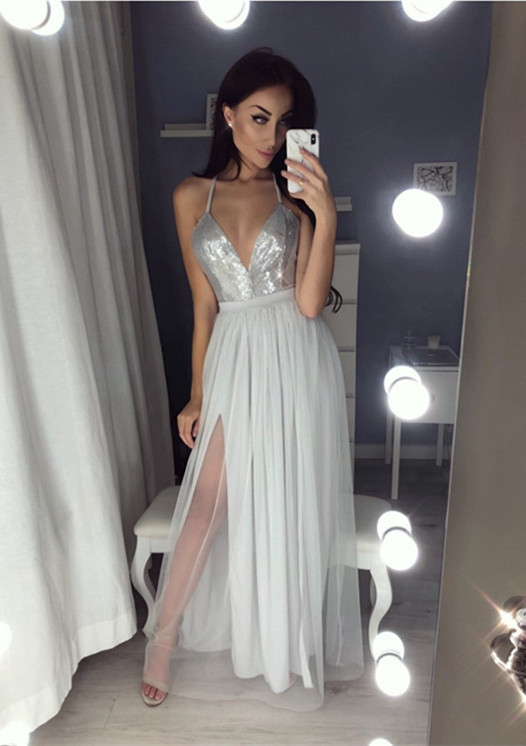 Elegant V-Neck Halter Prom Dress |Sequins Chiffon Evening Dress