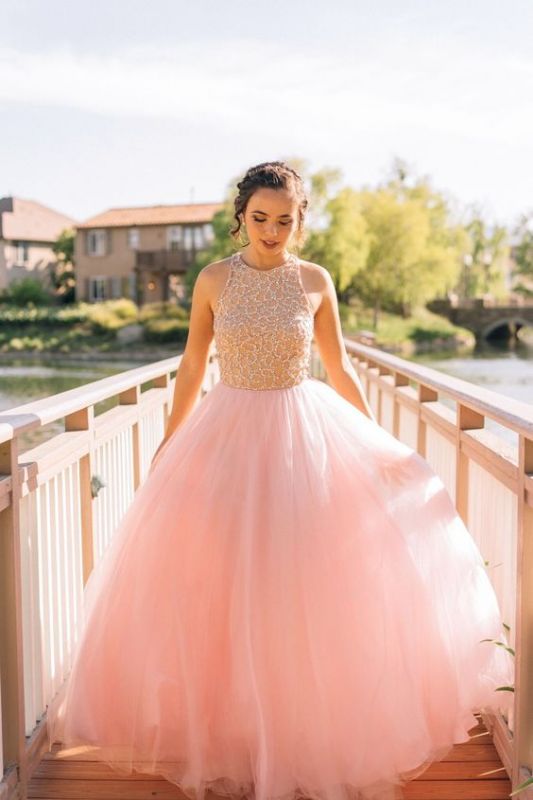 Beaded Pink Long Puffy Elegant Sleeveless Tulle Prom Dresses