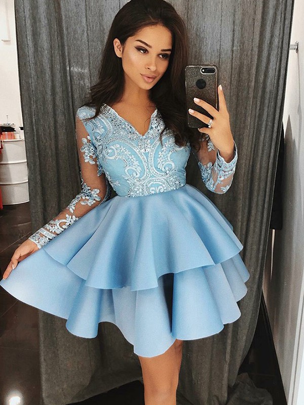 Modest Long Sleeve Lace Ruffled Homecoming Dress | Short Party Gown BA9953