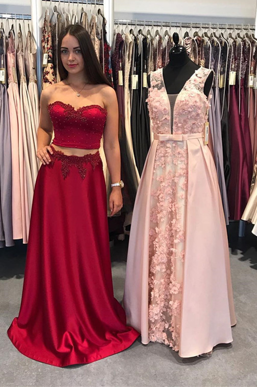Modest Two Piece Red Lace A-line Long Prom Dress