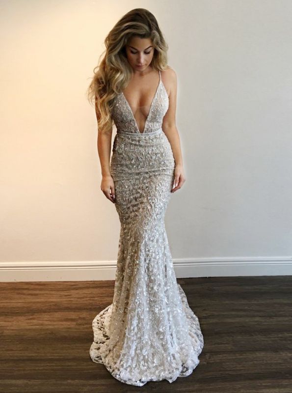 Superbe robe de bal à col en V | Robes de soirée en dentelle sirène BA9393