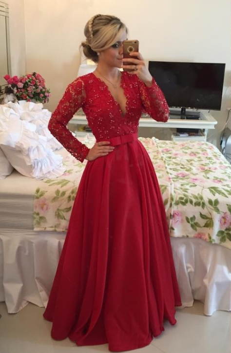 V-Neck Red Long Sleeve Chiffon Prom Dress New Arrival Bowknot Formal Occasion Dress BMT038