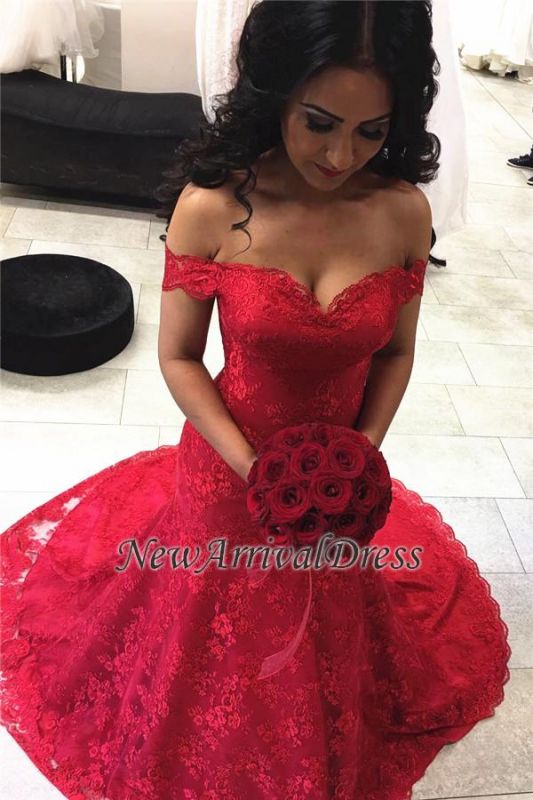 Court-Train Mermaid Sexy Red Lace Off-the-shoulder Evening Dresses