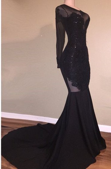 Long Sleeve Black Appliques Evening Gowns | Mermaid Open Back Prom Dresses