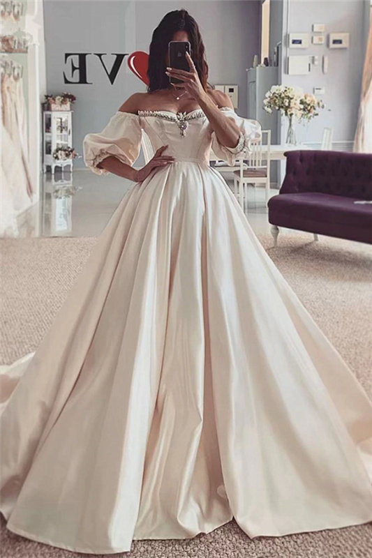 Beads Off The Shoulder Ball Gown Wedding Dresses | Short Sleeve Cheap Bridal Gowns Online