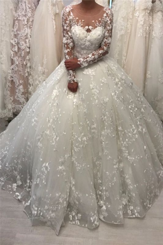 Robes de mariée en dentelle à manches longues en robe de bal 2021 | Sheer Tulle Appliques Robes De Mariée en ligne