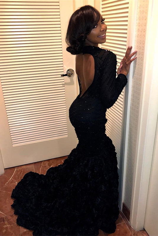 Black Long Sleeve Prom Dress |Backless Evening Dress With Flowers Bottom