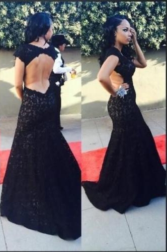 Black Lace Open Back Evening Gowns Capped Sleeves Sexy Long Mermaid Prom Dresses