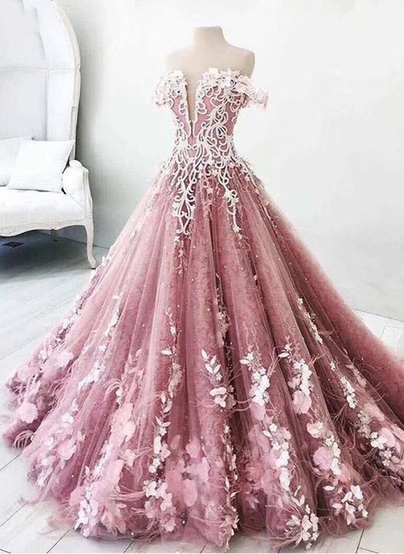 Fairytale Floral Puffy Prom Dresses | Off-The-Shoulder Lace Appliques Quinceanera Dresses