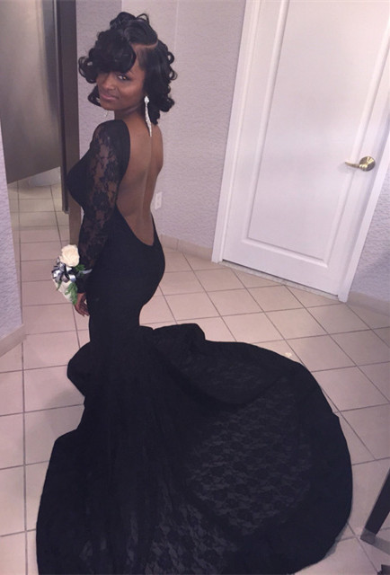 Sexy Lace Black Mermaid Long Sleeve Backless Prom Dress