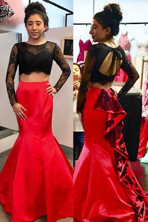 Newest Two Piece Black Lace Red Mermaid Skirt Prom Dress