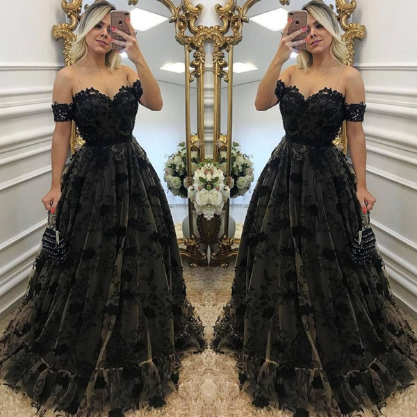 Sexy Black Lace Neck Applique Short Sleeves Long Formal Prom Dresses ...