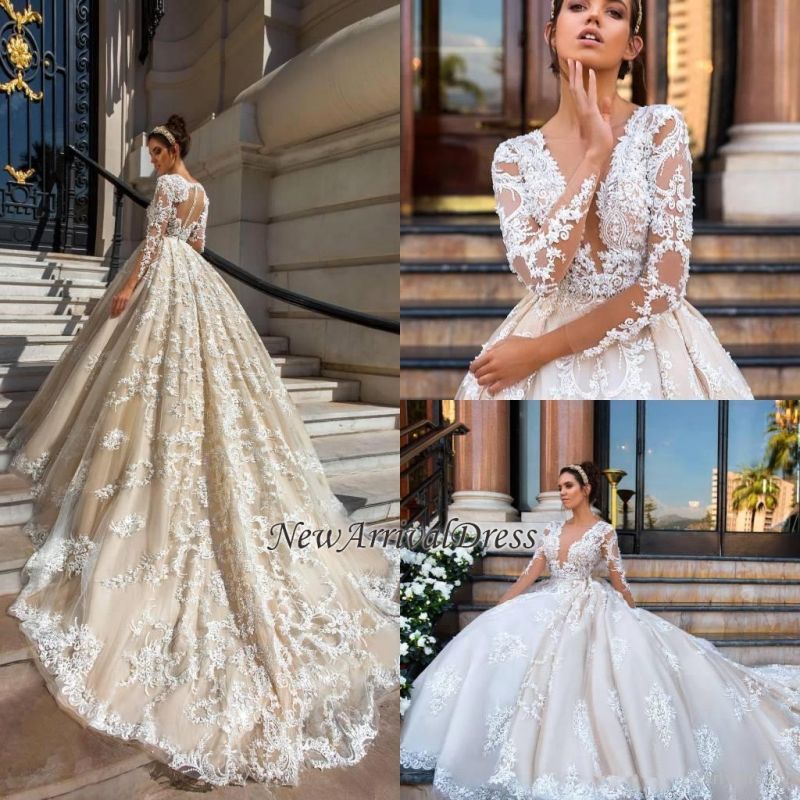Princess Court Train Glamorous Lace Long Sleeve Wedding Dresses