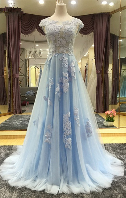 Delicate Cap Sleeve Jewel Custom Made A-line Lace Chiffon Prom Dresses