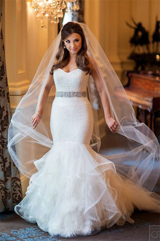 Sweetheart Mermaid Tulle Wedding Dresses Cheap Elegant Bridal Dresses with Crystal Belt