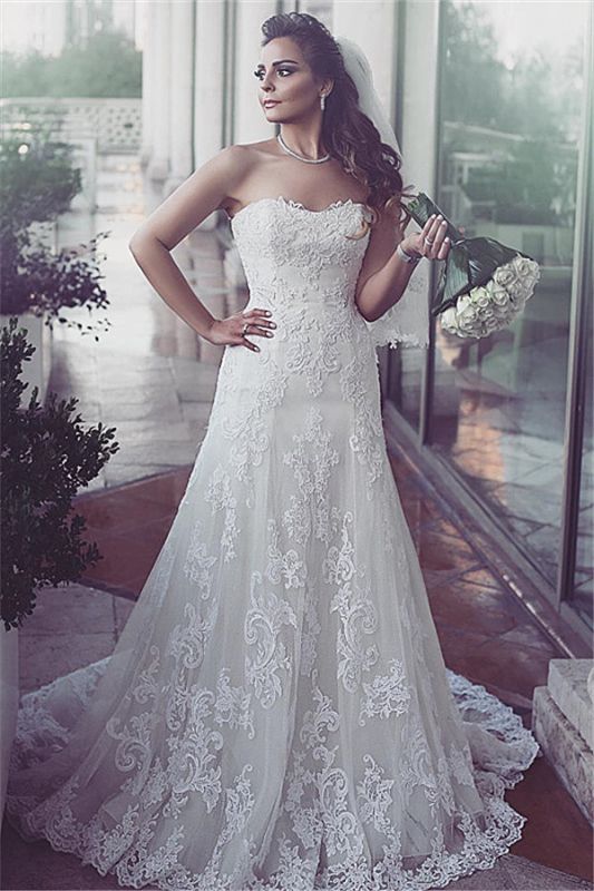 Sweetheart Sleeveless Sweep Train Elegent Lace Tulle Wedding Dresses