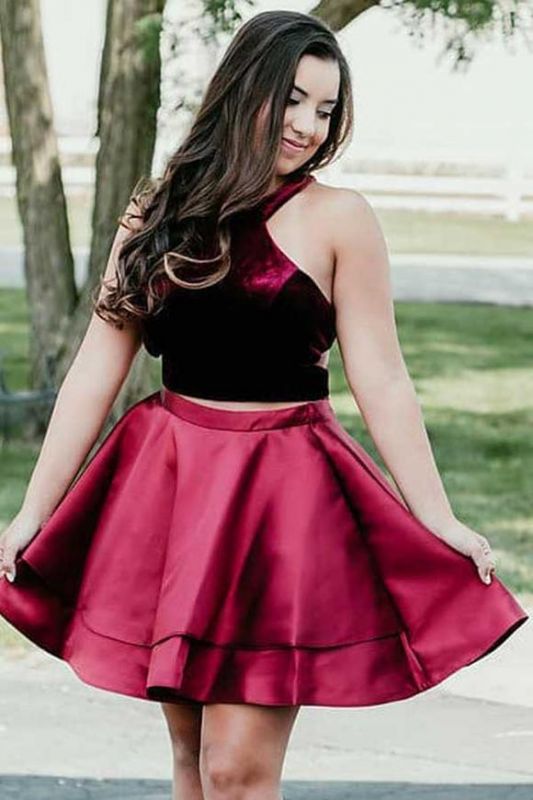 Newest Two Piece Velvet Halter Sleeveless Homecoming Dress | Short Party Gown