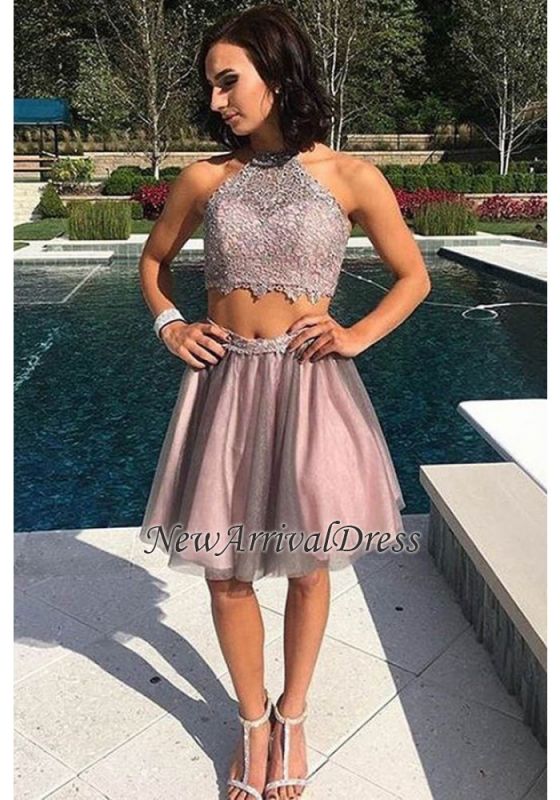 Lace Tulle Sexy A-Line Homecoming Dresses Pieces Lavender Halter Two Cocktail Dresses