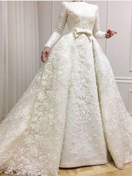 De novia musulmán con apliques de encaje joya vestido de bola | Vestidos de novia de manga larga con sobrefalda con cuentas de lujo baratos en línea