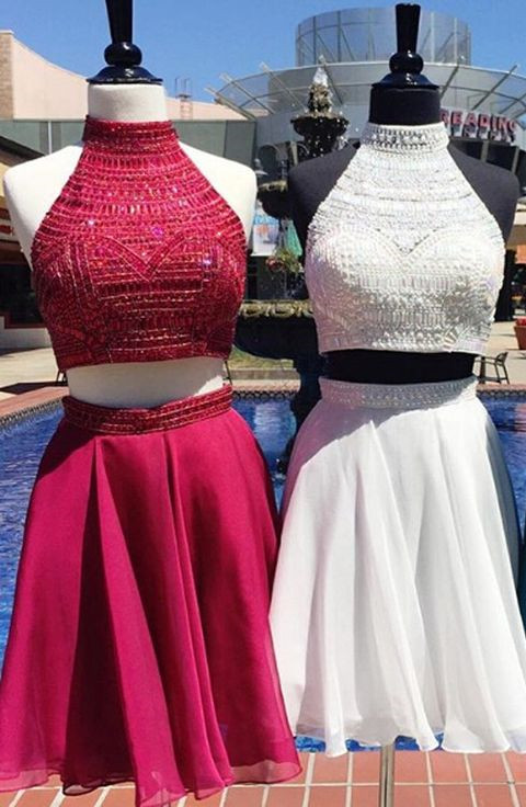 Delicate Two Piece Custom Made A-line Beads High Neck Sexy Short Homecoming Dresses
