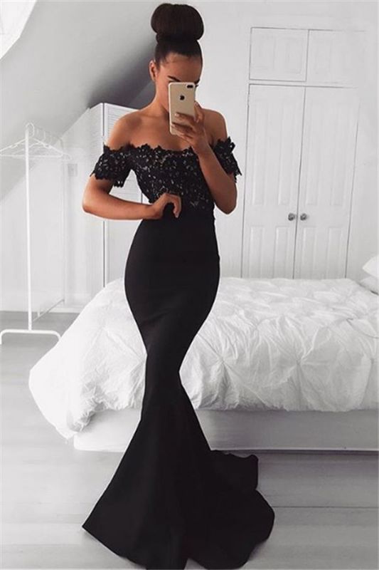 Black Off the Shoulder Lace Mermaid Prom Dresses | Short Sleeves Formal Gowns