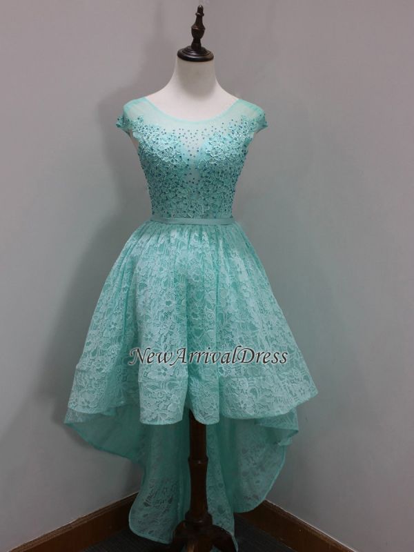 Sleeves Custom Made A-line Dresses Sequins Scoop High-Low Cap Lace Homecoming Long Prom Dresses