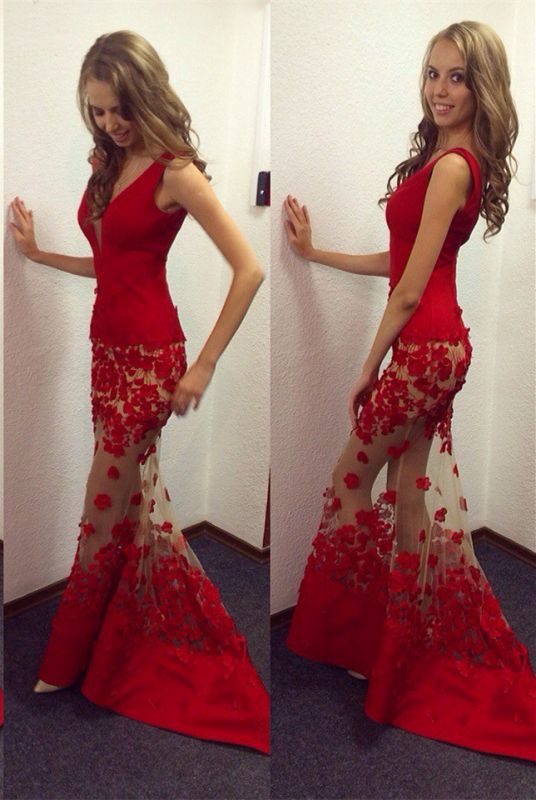 Sexy Red V-Neck MermaidProm Dresses Sheer Skirt long Lace